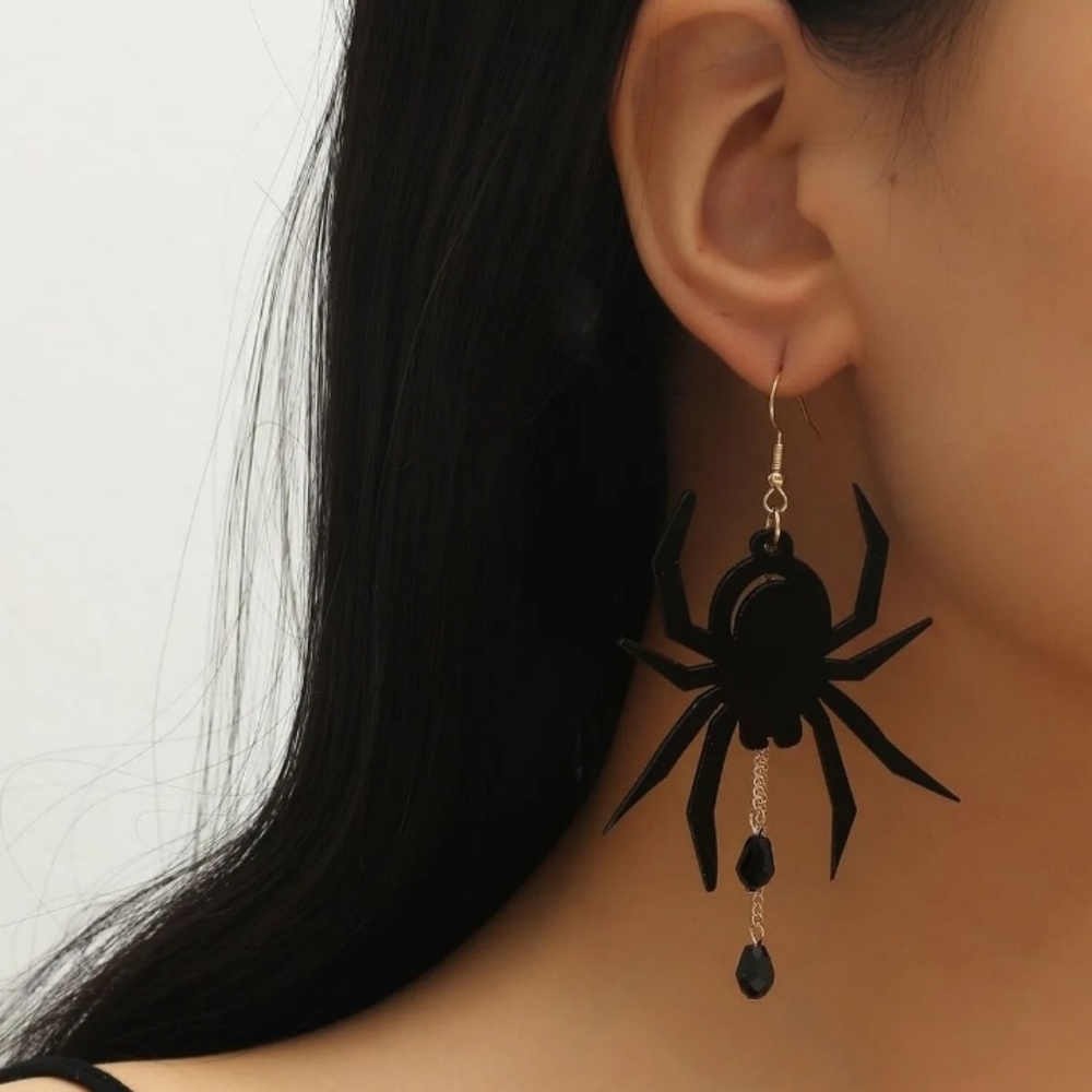Halloween Black Spider Chain Beaded Dangle Drop Earrings